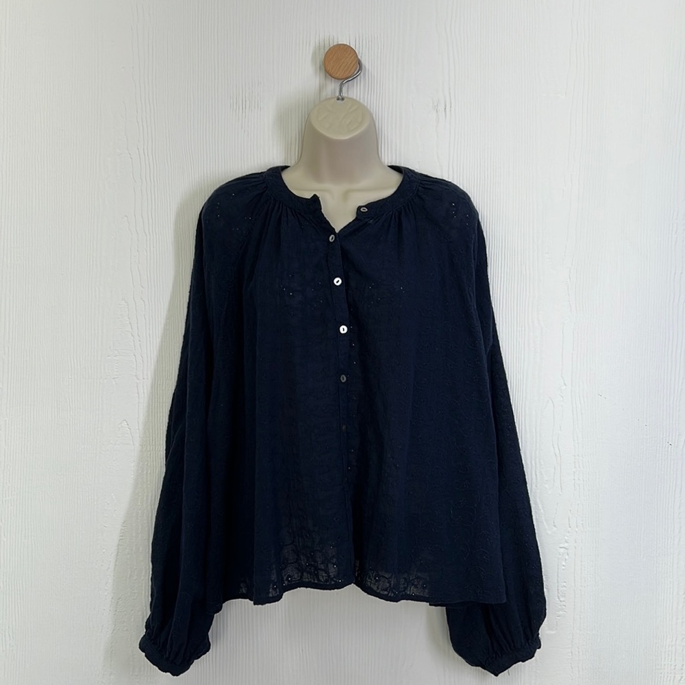 Free People - Down From The Clouds Eyelet Button Up Blouse Navy Blue Size Small